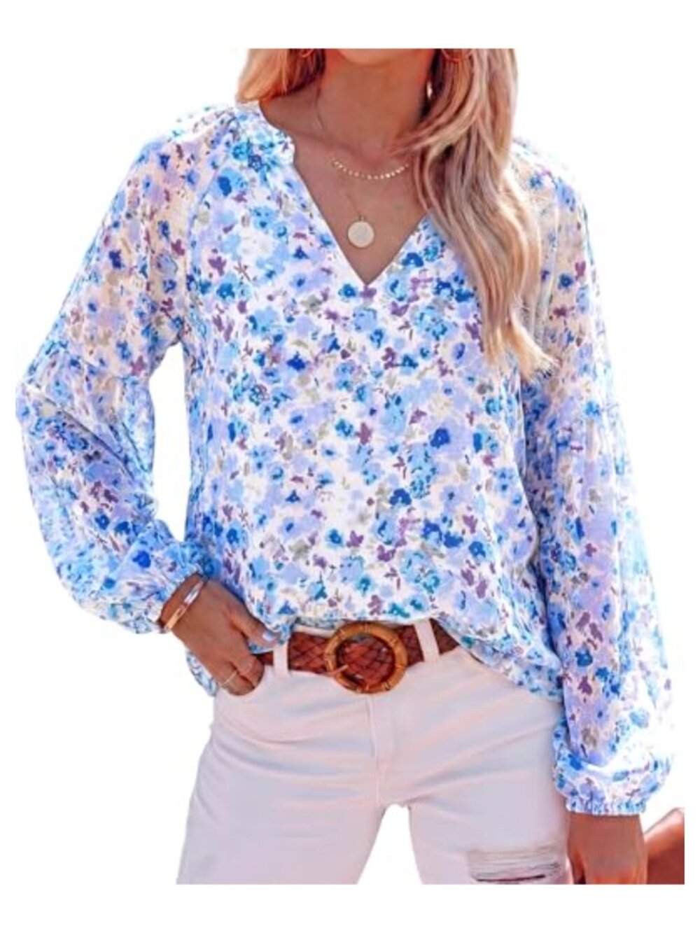 Women's V Neck Blouse Floral Long Sleeve Boho Chiffon Top